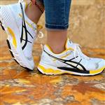 کتانی دخترانه ASICS سفید زرد جنس رویه پارچه مش چرم ورنی جنس زیره EVA سایزبندی 37 الی 40