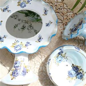 هفت سین سفالی طرح گل آبی کار شده با ترنسفر و رنگ اکرولیک و قابل شستشو با اسفنج خیس و آب سرد