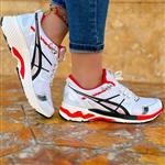 کتانی دخترانه ASICS سفید قرمز جنس رویه پارچه مش چرم ورنی جنس زیره EVA سایزبندی 37 الی 40