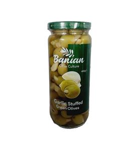 کنسرو زیتون سبز با مغز سیر بانیان 460 گرم