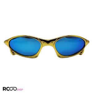 عینک آفتابی اوکلی با فریم طلایی رنگ، لنز آینه ای و آبی رنگ مدل W2236