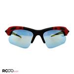 عینک ورزشی با فریم مشکی و قرمز، دسته آبی و لنز آینه ای زرد مدل DOCH01