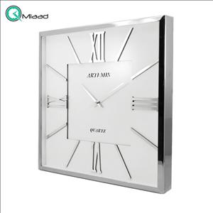 ساعت دیواری فلزی آرتمیس، ساعت دیواری مربع فلزی و آبکاری شده سایز 50 رنگ سیلور صفحه سفید مدل 2026
