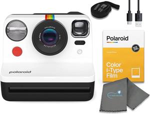 دوربین فیلمبرداری فوری Polaroid Gen 2 Now I-Type - بسته سیاه و سفید با بسته فیلم رنگی i-Type (8 عکس فوری) و پارچه تمیزکننده Lumintrail