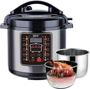 Wtrtr 2 قابلمه با 9 لیتر 1700 وات - اجاق برقی قابل برنامه ریزی فوری 9 در 1، 16 برنامه هوشمند، فولاد ضد زنگ برس خورده/مشکی/دیگ تخم مرغ/برنجپز/بخارپز و گرم کننده