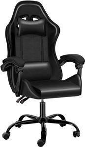 صندلی بازی ارگونومیک Mahmai با پشتیبان کمری PU چرمی چرخشی بالا پشتی، تنظیم کشش شیب - بدون زیرپایی، مشکی 