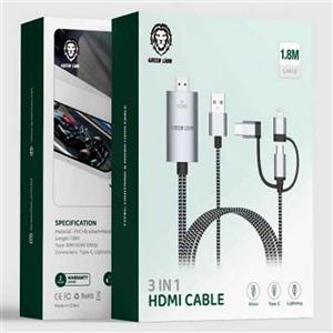 کابل 3 سر لایتنینگ، تایپ سی، میکرو به HDMI گرین لاین مدل GN3IN1HDMIBK طول 1.8 متر 