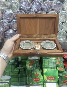 جعبه چوبی دو خاتم  3 گرم  و هاون برنجی (سبک مناسب صادرات)