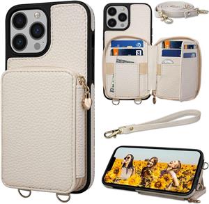 کیف Keallce برای iPhone 13 Pro Max 6.7 کیف پول، کیف دستی زیپ دار متقاطع با RFID Blocking 10 Card Stand، قاب محافظ شانه و بند مچ قابل جابجایی برای iPhone 13 Pro Max، بژ