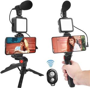 کیت Vlogging 6 در 1 ترکیبی میکروفون شاتگان، نور سلفی، پایه سه پایه، نگهدارنده موبایل، شوک، فوم حذف نویز Vlog برای ضبط YouTube قرقره و عکاسی 