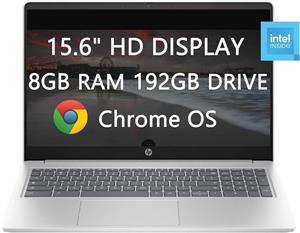 لپ تاپ HP Chromebook 15.6 اینچی HD برای دانشجویان و مشاغل، پردازنده Intel N200، 8 گیگابایت رم 192 گیگابایت (64 گیگابایت SSD128 گیگابایت کارت)، وب کم، بلوتوث، USB-C، Wi-Fi، شارژ سریع، سیستم عامل Chrome، بسته LIONEYE