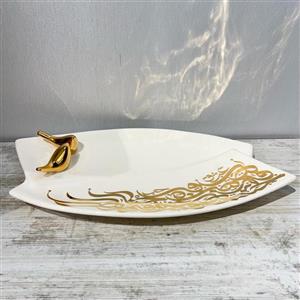 دیس پذیرایی / شیرینی خوری سرامیکی دو لبه لیبل طلا دستساز