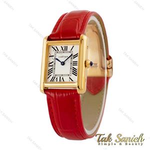 ساعت کارتیه تانک زنانه طلایی بند چرم قرمز Cartier-5274-L