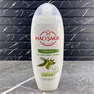 شامپو تغذیه کننده 2 در 1 حاجی شاکر حاوی روغن زیتون مناسب انواع مو 500 میل