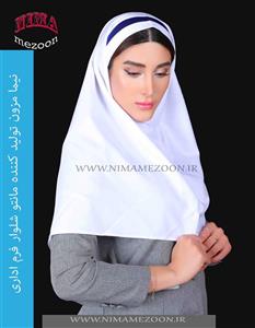 مقنعه تل دار نخی سفید با نوار ابی ساتن کد ۱۴