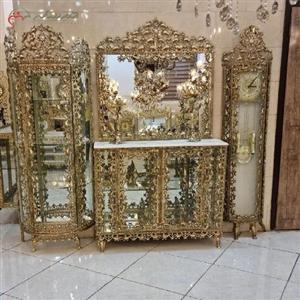 ست کامل کنسول، ساعت ایستاده و بوفه سه طبقه برنزی طرح بادمجانی و بدنه کار شده و شیک