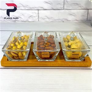 اردو خوری و رولت خوری  اردوخوری شیشه ای مستطیل 3 خانه پایه چوبی لیمون کد 2248 