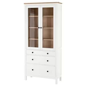 بوفه درب شیشه ای با 3 کشو ایکیا سفید/قهوه ای روشن مدل HEMNES
