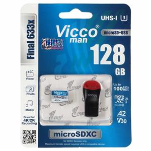 کارت حافظه micro SDXC ویکومن مدل 633X Plus کلاس 10 استاندارد UHS-I U3 سرعت 100MB/s ظرفیت 128 گیگابایت به همراه کارت خوان USB