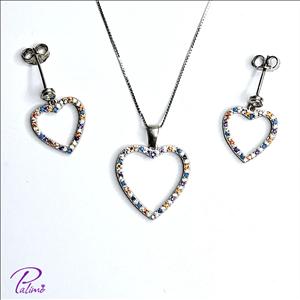 نیم ست نقره قلب رنگی کد H2114 با روکش طلای سفید با زنجیر