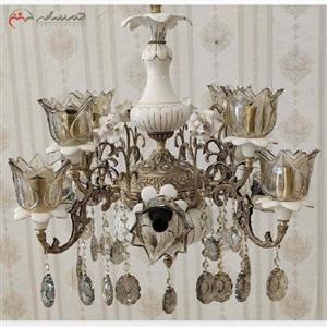 لوستر سرامیکی و برنزی طرح واژگون با رنگ آنتیک و 12 شعله ی کریستالی کد 6103