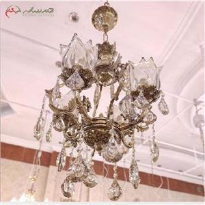 لوستر برنزی 4 شعله طرح فانوس و سر شاخه های کریستالی، رنگ طلایی با کیفیت