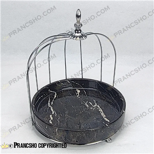 استند سنگی لبه دار قفس و پروانه یک طبقه نقره‌ای سنگ مشکی خط سفید