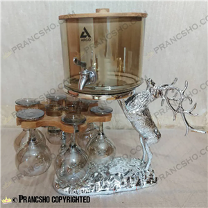 کلمن بار چرخان 6 نفره طرح گوزن نقره‌ای ایستاده با گیلاس (جام) و شات شامپاینی