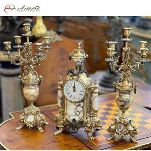 ساعت و شمعدان برنزی با سنگ سفید کار شده، طراحی فوق العاده شیک مناسب دکوراسیون کد 742