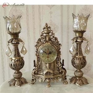 ست ساعت و شمعدان رومیزی طرح ناهید با رنگ آنتیک و بدنه ی تمام برنزی با ضمانت کد 421