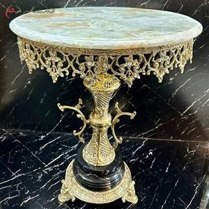 میز اسلیمی گرد برنزی، طرح ستون زنبوری، صفحه و پایه سنگی مرمر