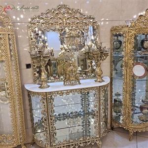 آینه کنسول برنز با طرح بادمجانی و ساعت و شمعدان برنزی