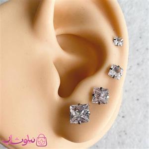 پیرسینگ گوش نگین مربع پایه نقره ای در 4 سایز
