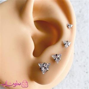 پیرسینگ گوش نگین مثلث پایه نقره ای در 4 سایز 
