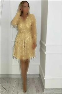لباس مجلسی سایز بزرگ یقه هفت طلایی زنانه برند zks grup tekstil کد 1703312790 