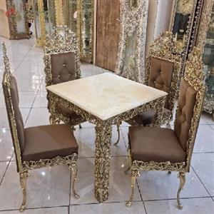 میز ناهار خوری تمام برنزی با رویه سنگ مرمر درجه یک، رنگ بندی متنوع پارچه