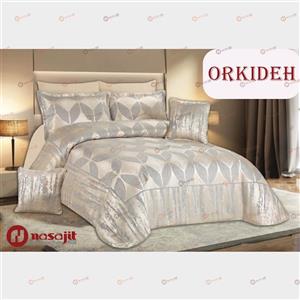 سرویس لحاف روتختی ارکیده دو نفره هشت تکه رنگ کرم طوسی ژاکارد شانلی