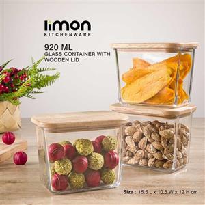 ظرف شیشه ای مستطیل 920 میلی لیتر درب چوبی لیمون