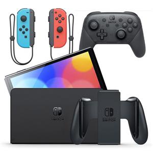 Nintendo Switch OLED with Neon Blue and Neon Red Joy-ConPro Controller - Grey