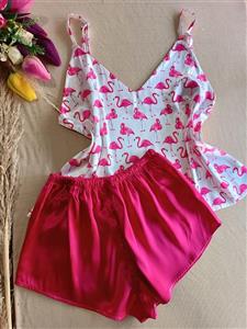 تاپ و شورتک ساتن LX طرح فلامینگو ریز