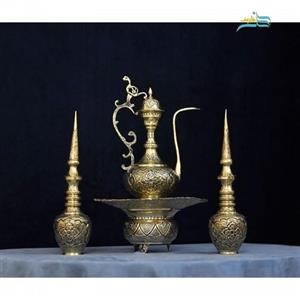 تنگ شاخدار و آفتابه لگن قلم زنی اعلاء برنجی با روکش کوره ای، منحصر به فرد