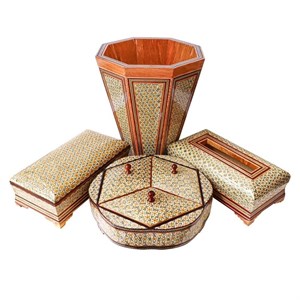 ست 4 تکه سطل و شکلات خوری و جعبه دستمال و کارد و چنگال خاتم کاری کد 109 