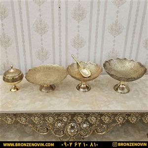 سرویس پذیرایی برنزی هندی ۵ تکه طرح طاووس کد ۳۹۳۱ ( میوه خوری و آجیل خوری و قاشق و شیرینی خوری و شکلات خوری ) ( ظروف برنجی هندی )
