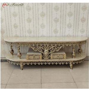 میز تلویزیون برنزی طرح گل نقلی سنگین، بدنه با دوام و شیک 