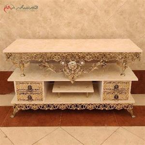 میز تلویزیون برنزی چهار کشو پایه دار ( دو طبقه ) بدنه ظریف کاری شده طرح گل سرخ با ضمانت