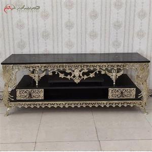 میز تلویزیون برنزی دو طبقه طاووس دار با دو عدد کشو ظریف کاری شده 