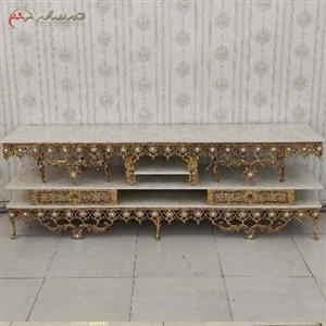 میز تلویزیون دو کشو برنزی به رنگ فورتیک و آبکاری شده طراحی سه طبقه 