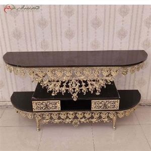میز تلویزیون برنزی دو کشو با رویه هایگلس مشکی و بدنه ی طرح گل رز با کیفیت بی نظیر