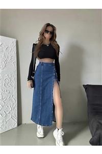 دامن بلند دکمه‎دار لایکرا قد جلو جین ابی تیره زنانه برند cms jeans کد 1709273400 