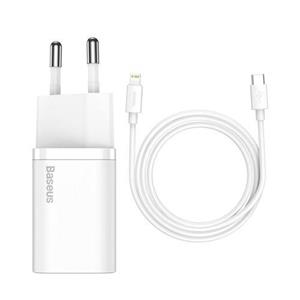 شارژر دیواری باسئوس مدل Baseus Super Si Quick Charger 1C 20W EU Sets White With Superior Series Fast Charging Data Cable Type-C to iP PD 20W 1m White